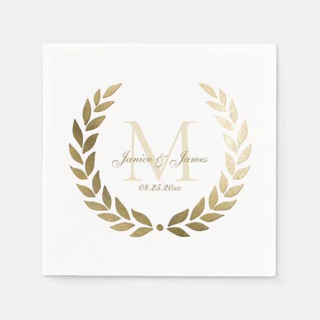 Guardanapo De Papel Dourado Casamento Laurel Wreath Monogrammed White (Frente)