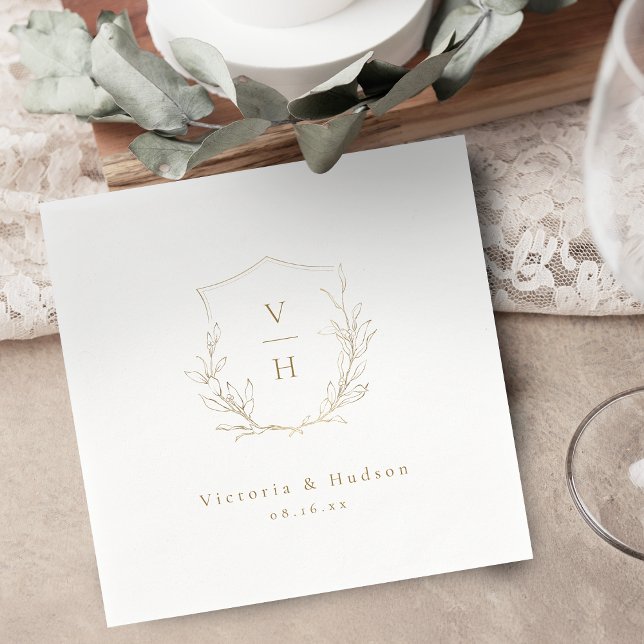 Guardanapo De Papel Dourado casamento simples da crista botânica monog (Gold simple botanical crest monogram wedding napkins)