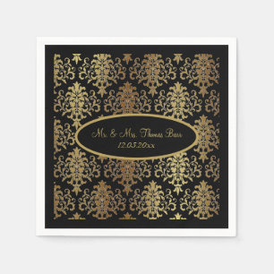 Guardanapo De Papel Dourado Damask Black Script Weding Elegante