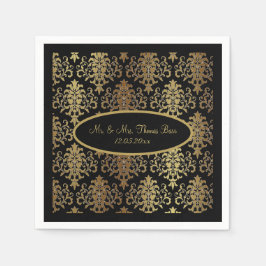 Guardanapo De Papel Dourado Damask Black Script Weding Elegante