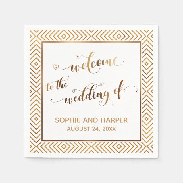 Guardanapo De Papel Dourado e Branco Bem-vindo ao Casamento de (Frente)
