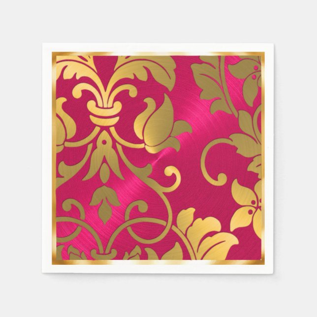 Guardanapo De Papel Dourado e magenta - Damasco rosa (Frente)