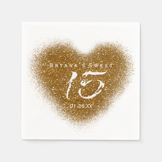Guardanapo De Papel Dourado Glitter Heart 15 Quinceincera Party Napkin (Frente)