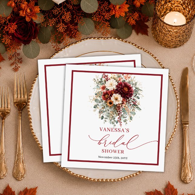 Guardanapo De Papel Dourado Marrom Flores Vermelhas no outono casament (Maroon Gold Burgundy Floral autumn bridal shower napkins

)