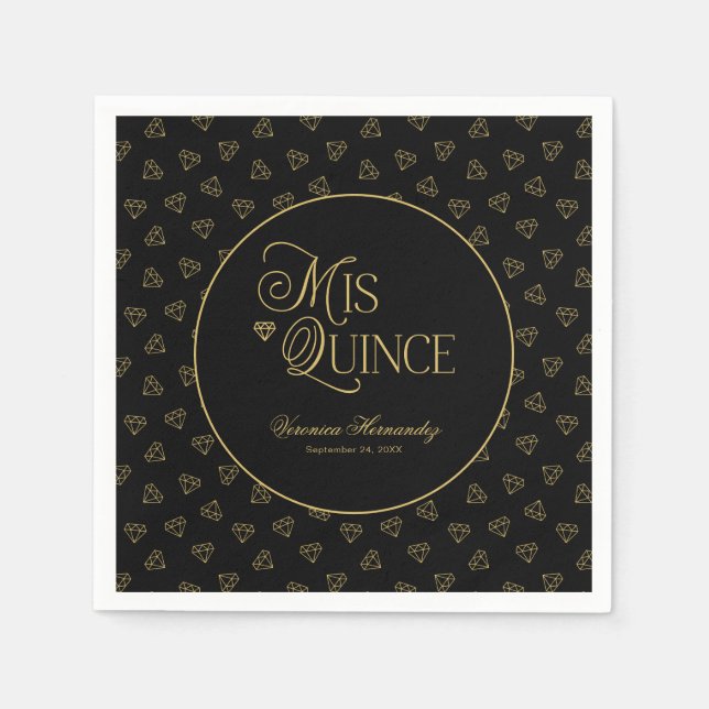 Guardanapo De Papel Dourado negro personalizado Mis Quince Quinceanera (Frente)