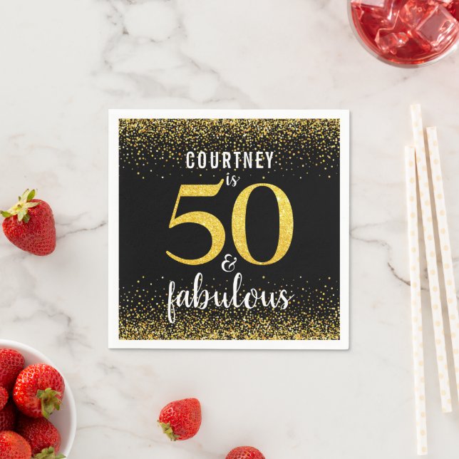 Guardanapo De Papel Dourado nome personalizado preto confetti 50 e fab (Insitu)