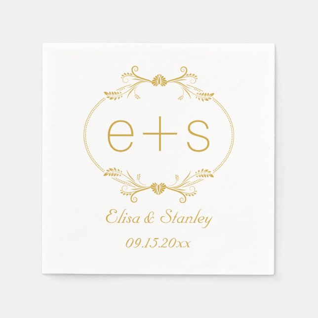 Guardanapo De Papel Dourado quadro e iniciais, casamento elegante mono (Frente)