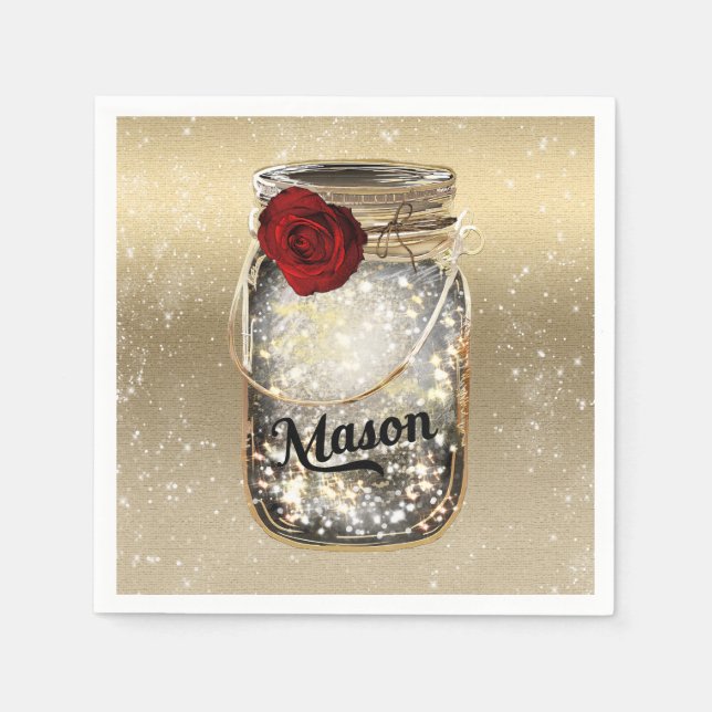 Guardanapo De Papel Dourado Sparkle Glam Rosa vermelha Mason Jar (Frente)