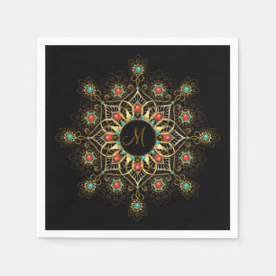 Guardanapo De Papel Dourado Turquesa Vermelho Mandala Monograma Napkin