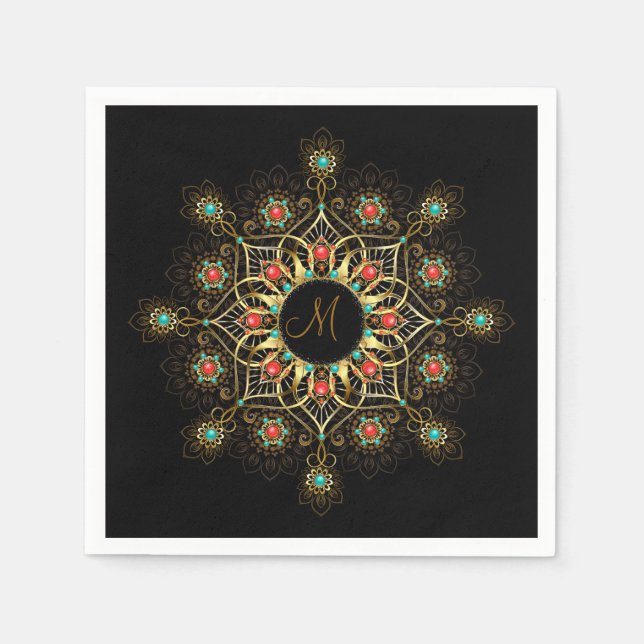 Guardanapo De Papel Dourado Turquesa Vermelho Mandala Monograma Napkin (Frente)