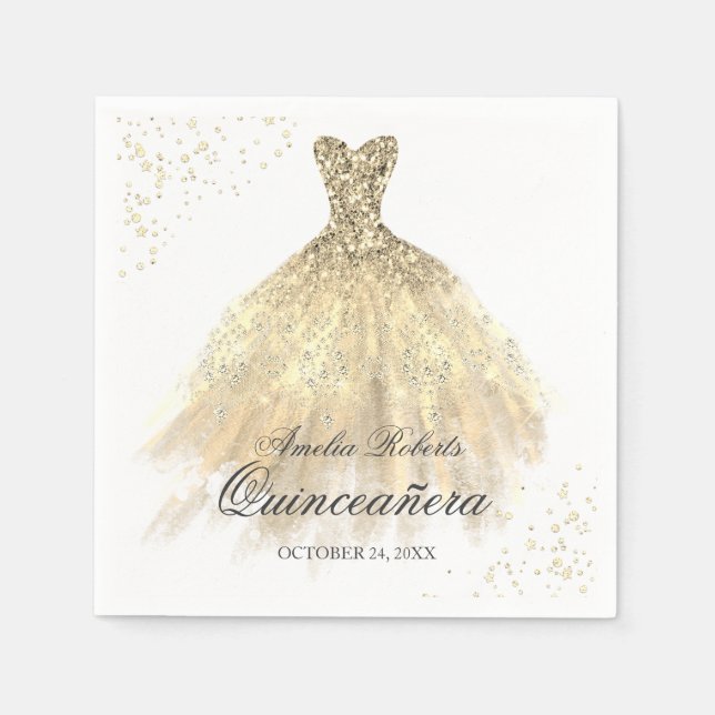 Guardanapo De Papel Dourado Vestido Sparkle Quinceanera Napkin (Frente)