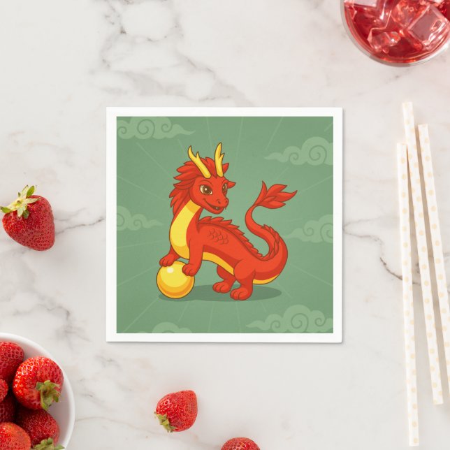Guardanapo De Papel Dragão Chinês Vermelho no Verde (Insitu)