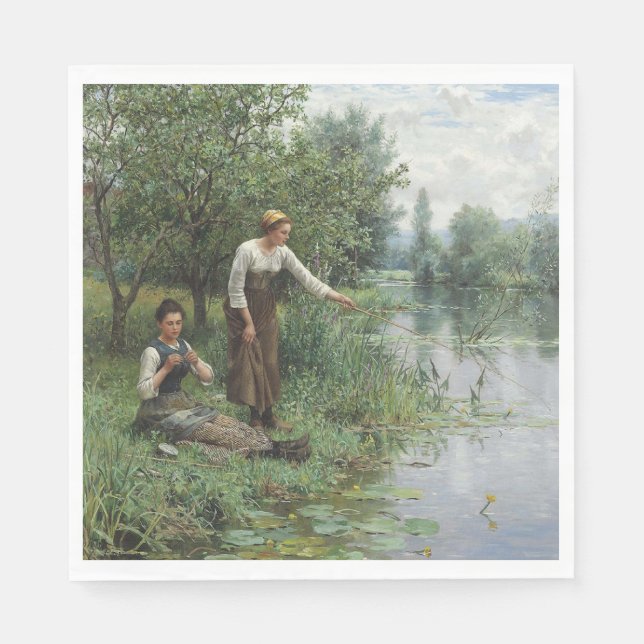 Guardanapo De Papel Duas mulheres pescando na grama pelo rio (Frente)