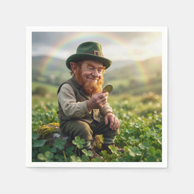 Guardanapo De Papel Duende Irlandês Admira uma Moeda de Ouro (Frente)