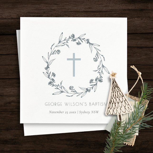 Guardanapo De Papel Dusky Blue Floral Laurel Wreath Monograma Baptism (Criador carregado)