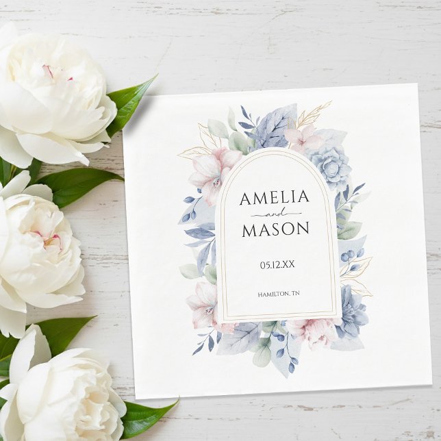 Guardanapo De Papel Dusty Blue and Blush Pink Floral Arch Wedding (Dusty Blue and Blush Pink Floral Arch Wedding Napkins)