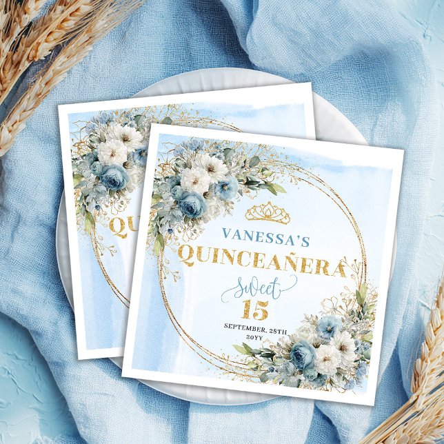 Guardanapo De Papel Dusty Blue Boho Greenery Gold Glitter Quinceañera  (Dusty Blue Boho Greenery Gold Glitter Quinceañera Napkins)