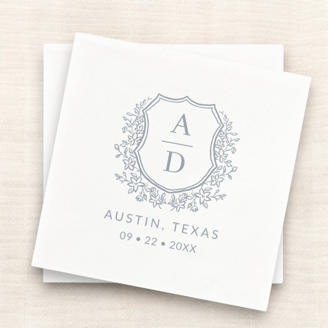 Guardanapo De Papel Dusty Blue Crest Modern Monogramas Casamento (Criador carregado)
