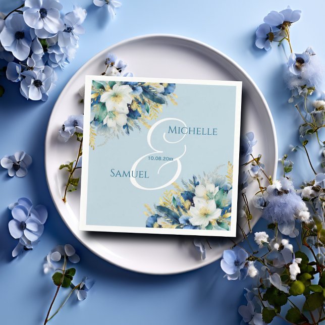 Guardanapo De Papel Dusty Blue Dourado Casamento Floral (Criador carregado)