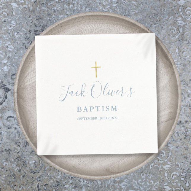Guardanapo De Papel Dusty Blue Dourado Cruz Baptism Christening (Dusty Blue Gold Cross Baptism Christening Napkins)