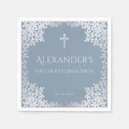 Guardanapo De Papel Dusty Blue First Sagrada Comunhão Folhas Elegantes