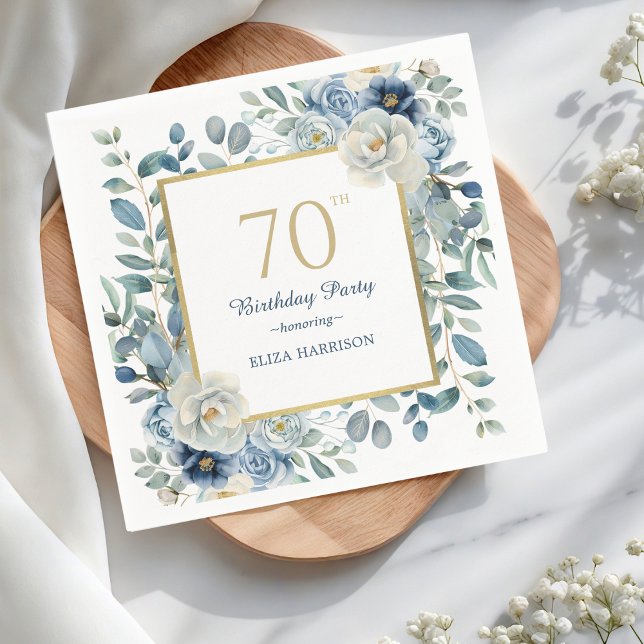 Guardanapo De Papel Dusty Blue Floral 70 Birthday (Criador carregado)