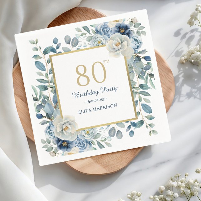 Guardanapo De Papel Dusty Blue Floral 80 Birthday (Criador carregado)