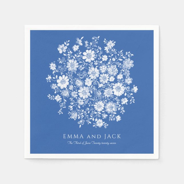 Guardanapo De Papel Dusty Blue Floral Bouquet Wedding names and date (Frente)