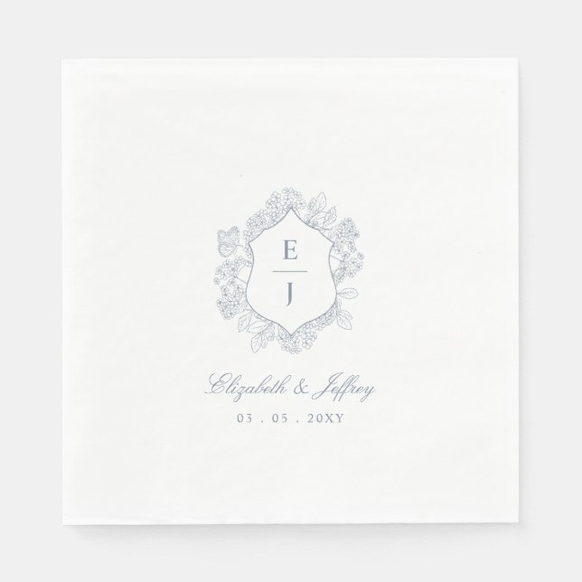Guardanapo De Papel Dusty Blue Floral Crest Monograma Casamento (Frente)