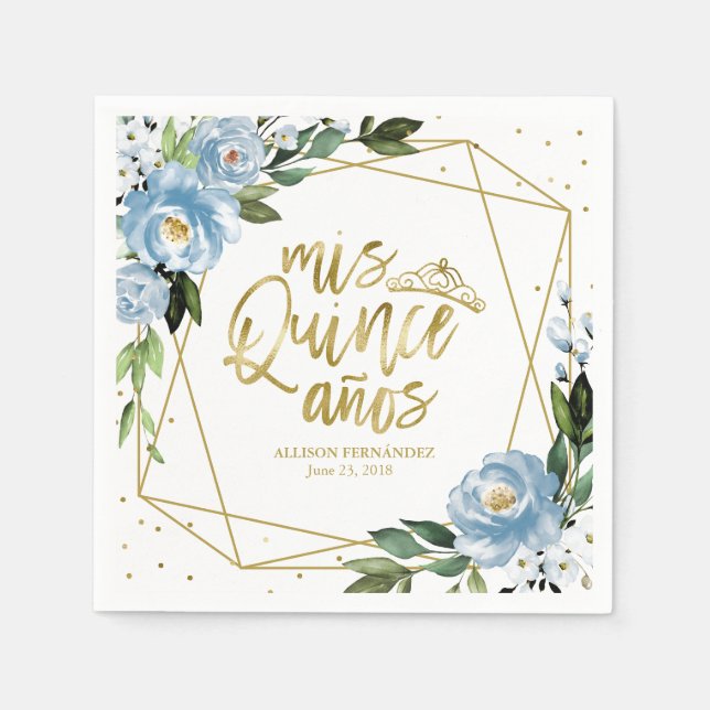 Guardanapo De Papel Dusty Blue Floral Quinceanera (Frente)