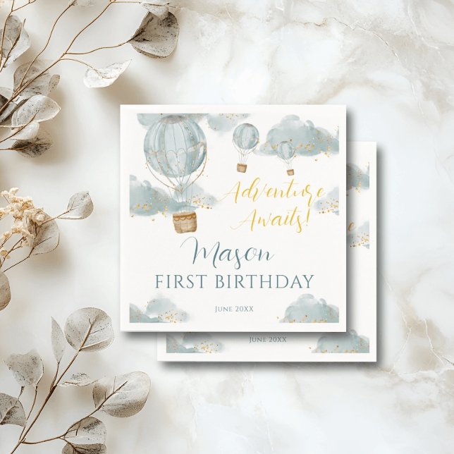 Guardanapo De Papel Dusty Blue Hot Air Balloon Tema Birthday Boy (Criador carregado)