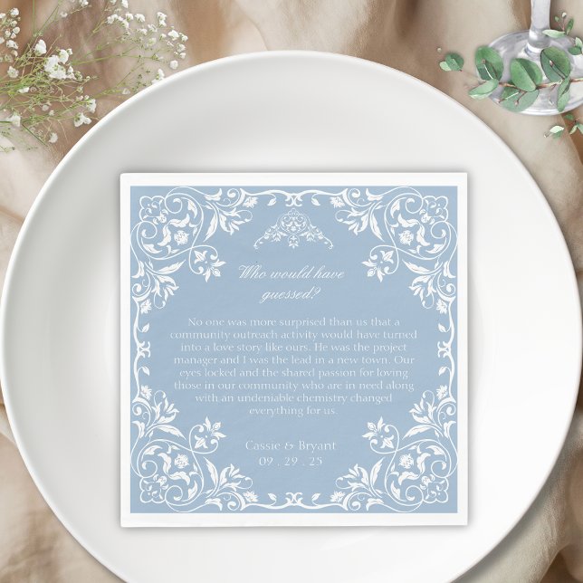 Guardanapo De Papel Dusty Blue Regency Era Onde Nos Encontramos (elegant dusty blue fun facts when how and where we met theme regency era inspired wedding napkins)