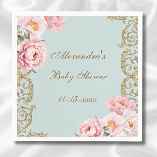 Guardanapo De Papel Dusty Blue Rococo Chá de fraldas Floral Rosa Rosa