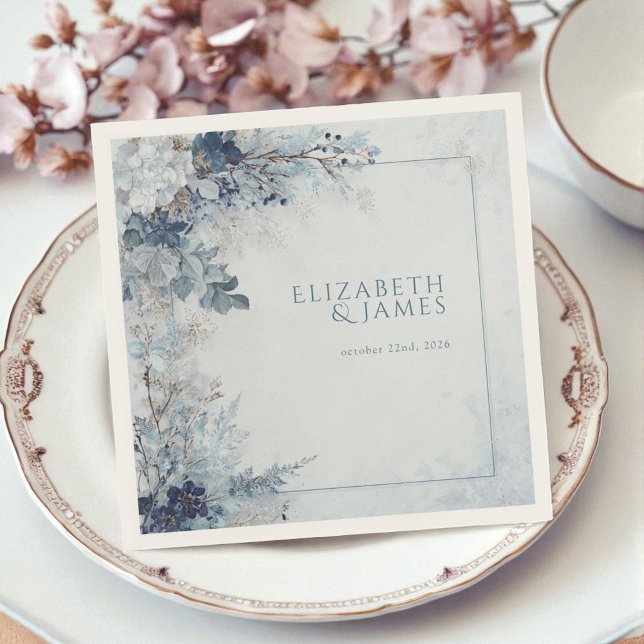 Guardanapo De Papel Dusty Blue Silver Rosa Winter Floral Weding (Dusty Blue Silver Rose Winter Floral Wedding Napkins)