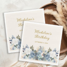 Dusty Blue White Floral Dourado Feliz Aniversário