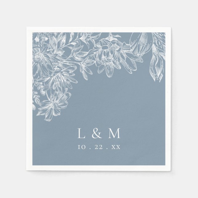 Guardanapo De Papel Dusty Blue White Floral Monograma Casamento Napkin (Frente)