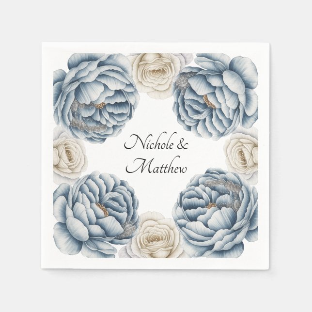 Guardanapo De Papel Dusty Blue & White Peony Weds (Frente)