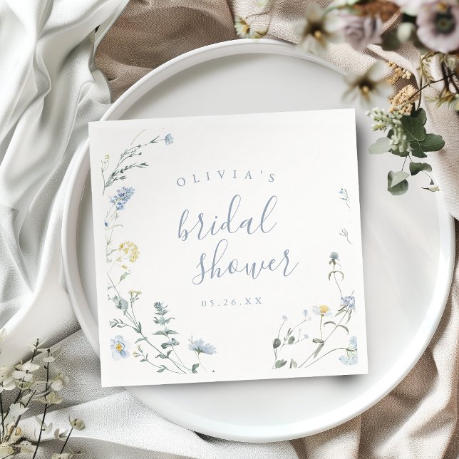 Guardanapo De Papel Dusty Blue Wildflower Rustic Chá de panela (Dusty Blue Wildflower Rustic Boho Bridal Shower Napkins)