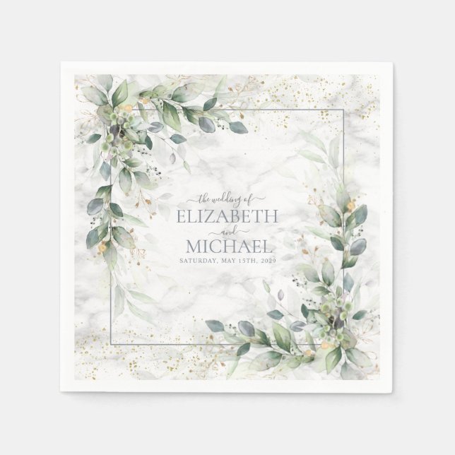 Guardanapo De Papel Dusty Botanical Greenery Dourado Casamento Marble (Frente)