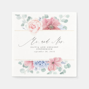 Guardanapo De Papel Dusty Pink Blue Flowers Elegante Botânico Sr. & S