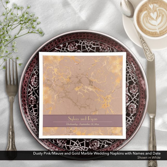 Guardanapo De Papel Dusty Pink e Dourado Casamento Marble (Dusty Pink/Mauve and Gold Marble Pattern Napkins with Bride and Groom's Names and Wedding Date)