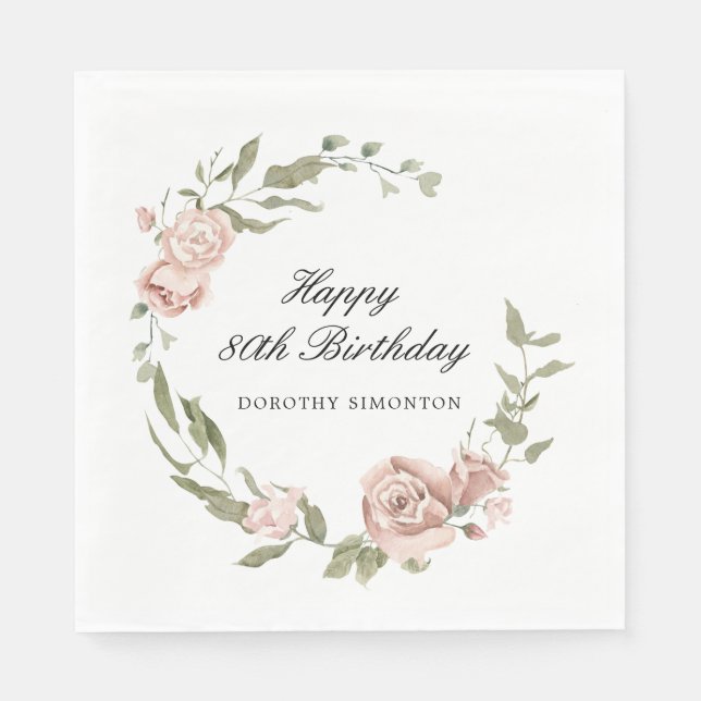 Guardanapo De Papel Dusty Pink Rose Floral 80 Birthday (Frente)