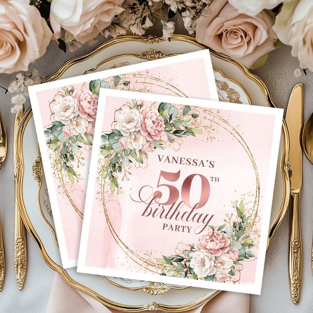 Guardanapo De Papel Dusty Pink Rose Gold Floral 50th Birthday Dinner  (Dusty Pink Rose Gold Floral 50th Birthday Dinner Napkins

)