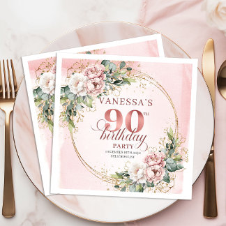 Guardanapo De Papel Dusty Pink Watercolor Floral 90th Birthday Party  
