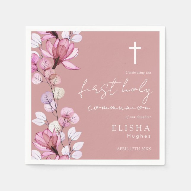 Guardanapo De Papel Dusty Rosa cor-de-rosa, primeira comunhão sagrada (Frente)