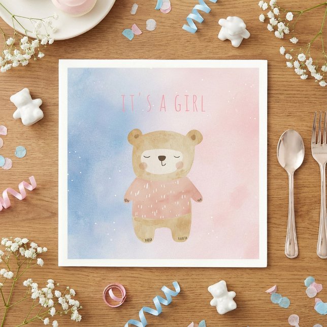 Guardanapo De Papel É um Chá de fraldas de Urso Bonitinho Pálido (It’s a Girl soft pastel cute Bear Baby Shower Napkins.)
