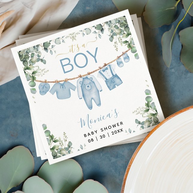Guardanapo De Papel É um menino, Chá de fraldas azul, roupas verdes (It’s a Boy Blue Boho Clothes Greenery Baby Shower Napkins)