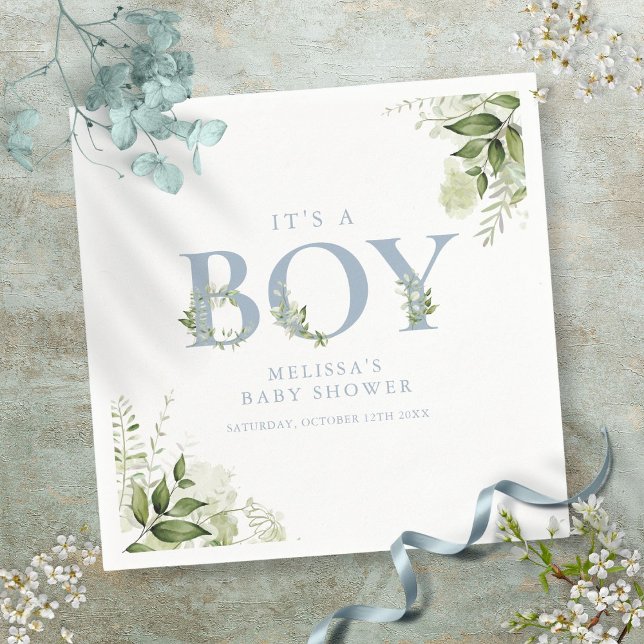 Guardanapo De Papel É um Menino Chuveiro de Bebê Carta Azul Poeira Ver (Its A Boy Greenery Dusty Blue Letter Baby Shower Napkins)