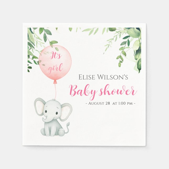 Guardanapo De Papel É uma garota! Pequeno elefante bonito com balão (Frente)