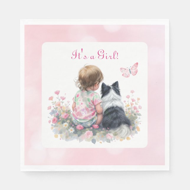 Guardanapo De Papel É uma Menina | Chá de Bebê Rosa e Cachorrinho (Frente)